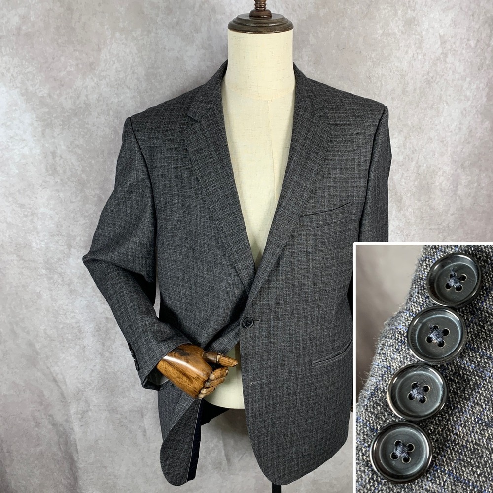 Hugo Boss Blazer Jacket Men 44R Gray Check Sport Coat Wool